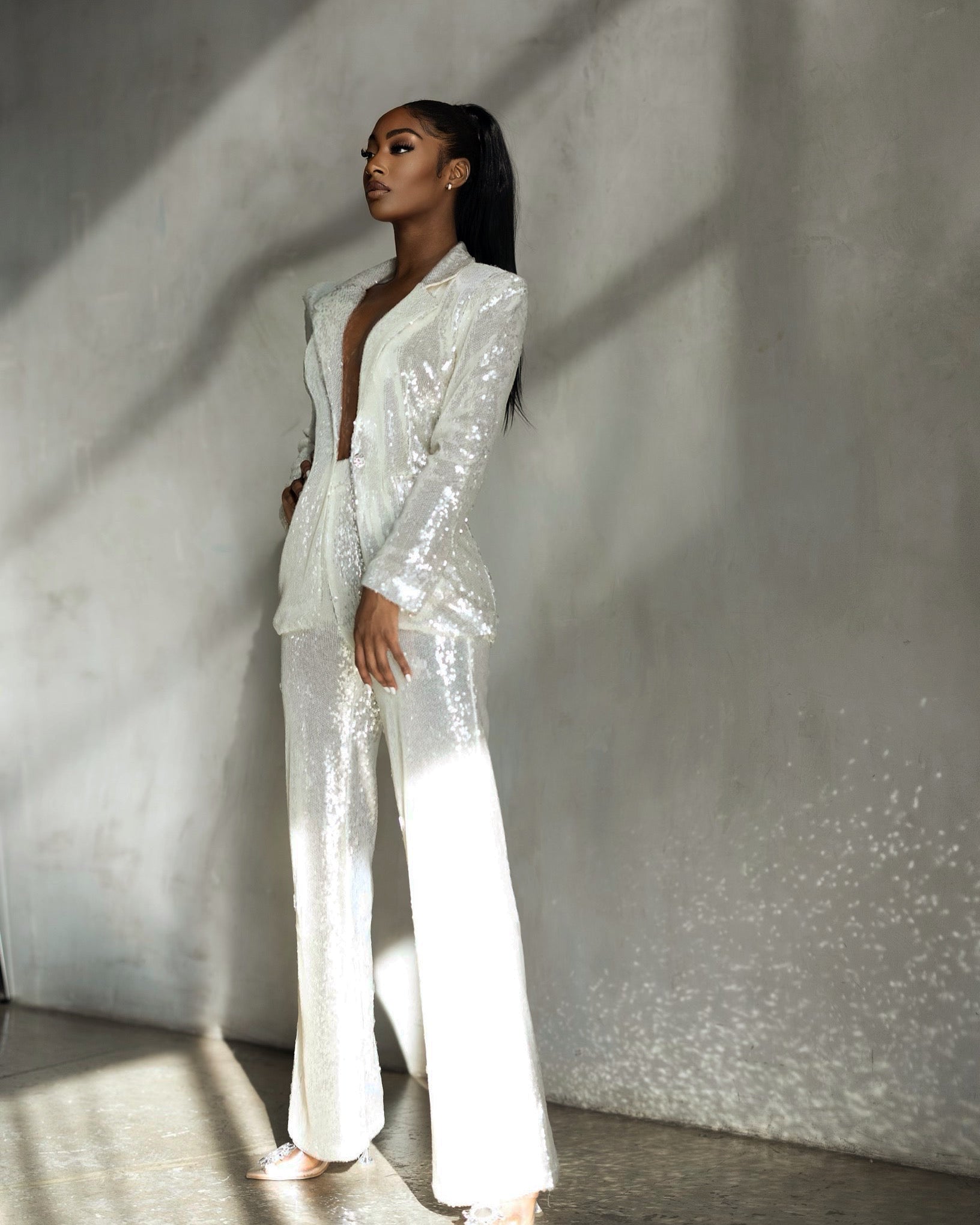 White sequin shop pants suit